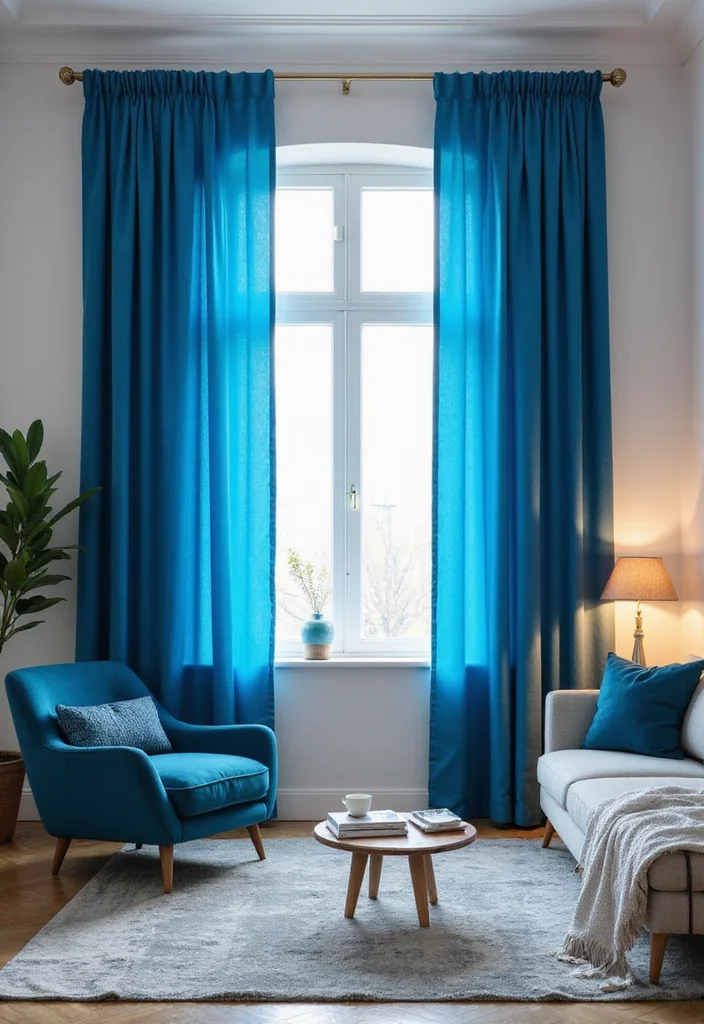 12 Blue Living Room Curtain Ideas for Fresh Calm Inviting Style - 9. Bright Blue Ombre Curtains for a Modern Touch