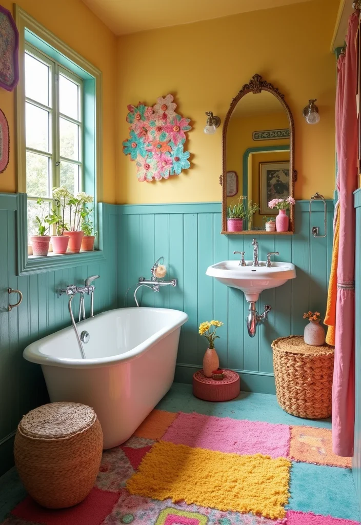 14 Bathroom Rug Ideas for Soft Texture and Warm Everyday Comfort 11. Colorful Patchwork