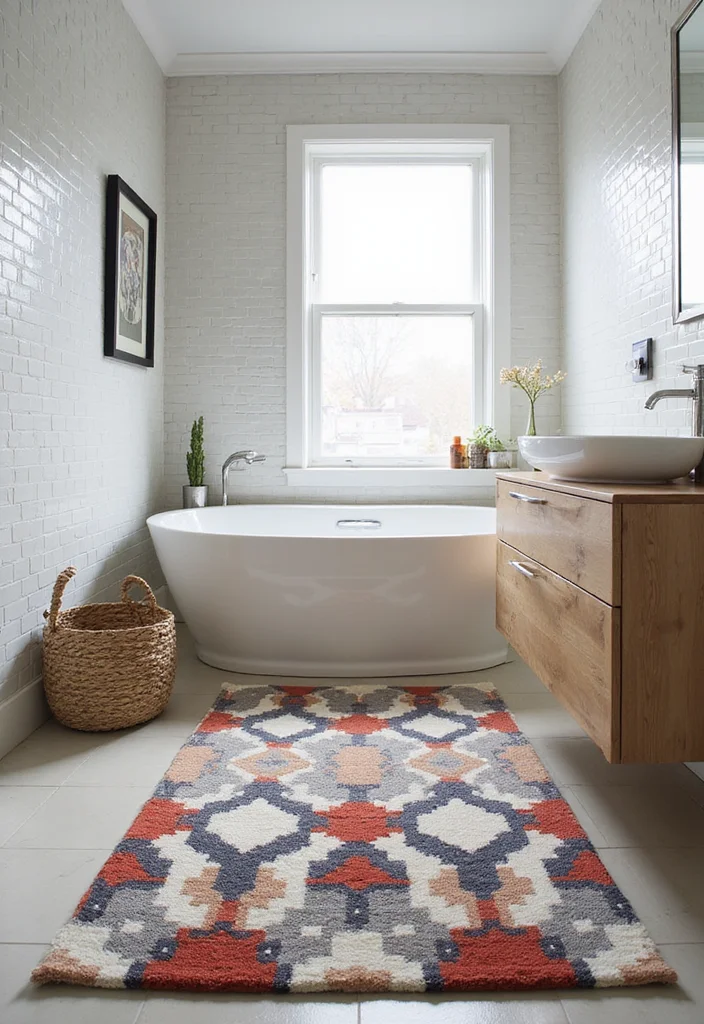 14 Bathroom Rug Ideas for Soft Texture and Warm Everyday Comfort 9. Bold Geometric Prints