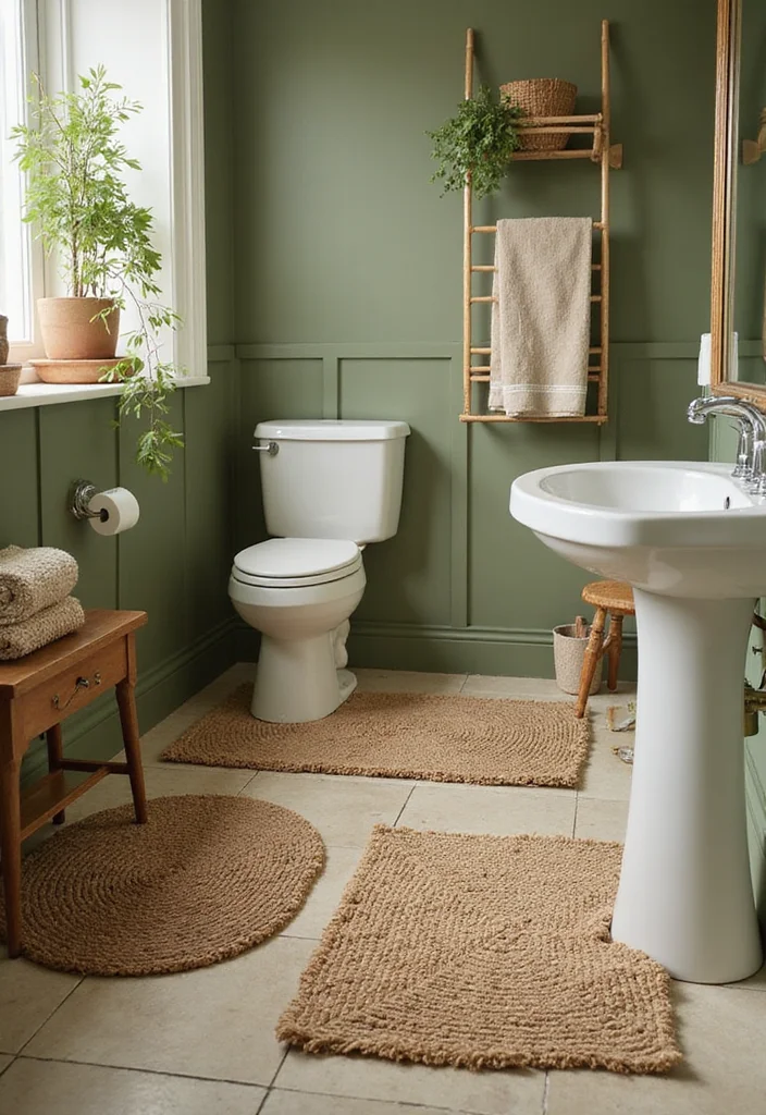 14 Green Bathroom Decor Ideas for Fresh Nature Inspired Calm 10. Natural Fiber Rugs