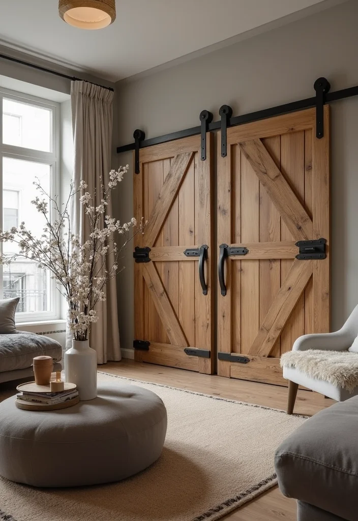 14 Living Room Wall Paneling Ideas for Texture Depth and Warmth - 10. Rustic Barn Doors
