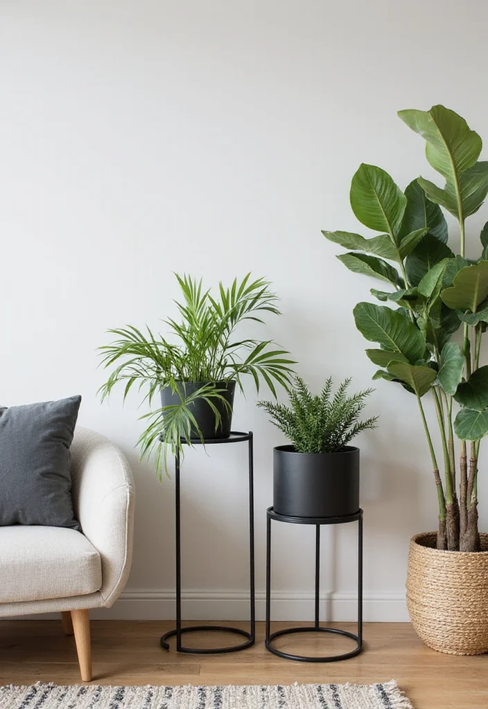 14 Plants in Living Room Ideas for Fresh Natural Greenery 56 14 Plants in Living Room Ideas for Fresh Natural Greenery - 6. Use Plant Stands for a Touch of Style