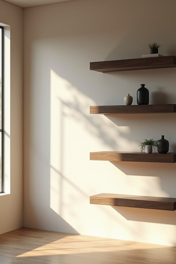 7 Creative Ways to Do Something With an Empty Living Room Wall 4 wall shelves and adjustable ledges import art flexibility